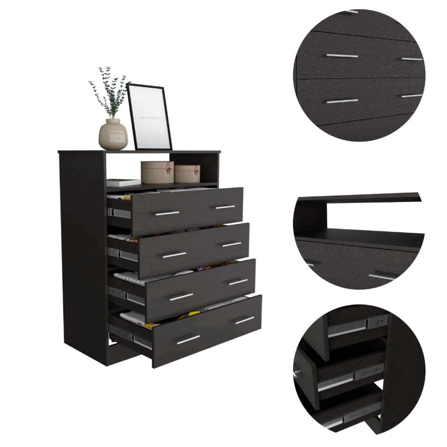 Serbian 4 Drawer Dresser With Open Shelf And Metal Handles, Black