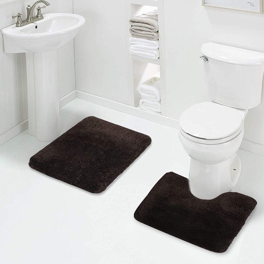 Walensee Shaggy 2 Piece Bath Rug Sets (Brown) 20 x 24 U Shape Contour Rug & 20 x 32 Bathroom Rug Machine Wash/Dry Bath Mats for 