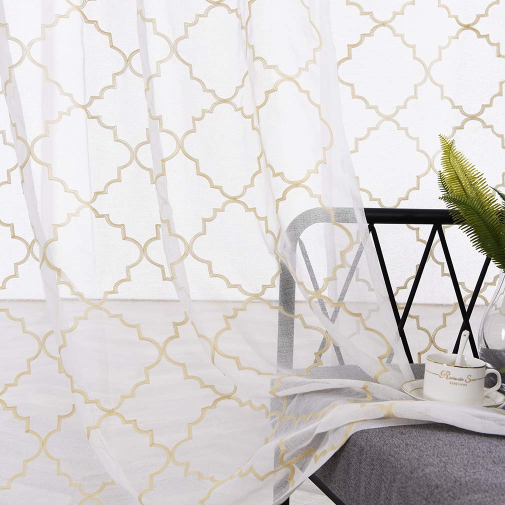 Sheer Curtains Gold 95 Inches Long, Rod Pocket Drapes For Living Room, Bedroom, Embroidered Moroccan Tile Lattice Design Semi Cr