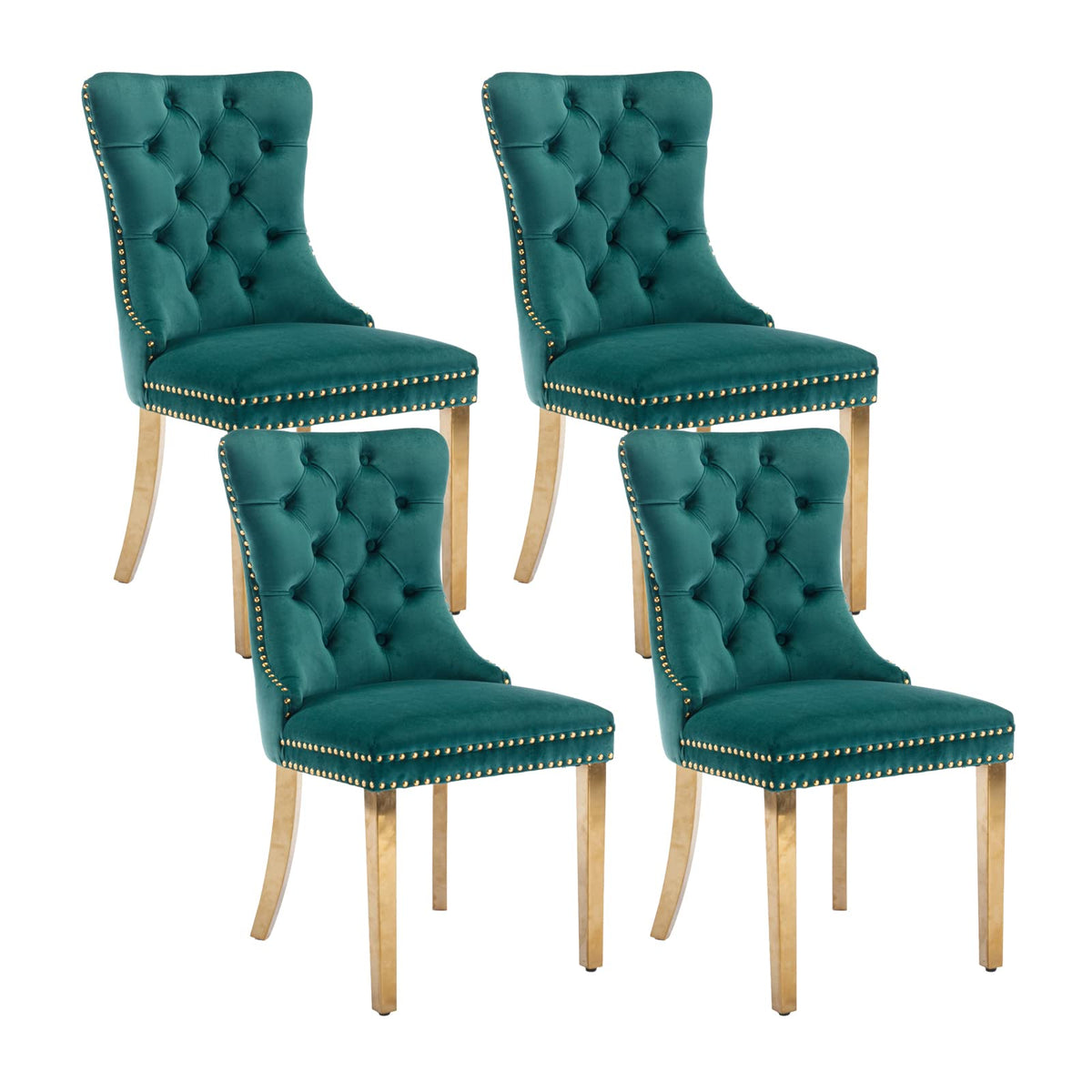 Velvet Dining Room Chairs Set Of 4, Upholstered Dining Chairs With Back Ring Pull Trim And Golden Stainless Steel Legs,Modern Di