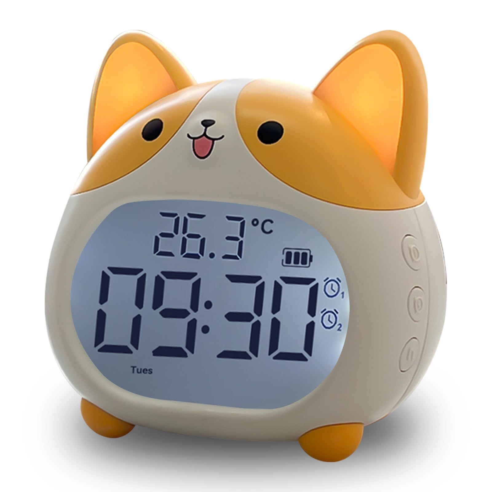 AVEKI Alarm Clocks for Kids - Cute Dog Clock with Night Light, 6 Alarm Tones, Snooze, Timer, Date and Temperature Display - Rech