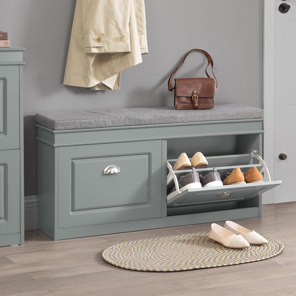 Haotian Shoe Storage Bench Entryway, Shoe Cabinet Bench With 2 Flip Drawers & Cushion, Modern Design Shoe Organizer For Hallway, Grey Fsr64-Hg