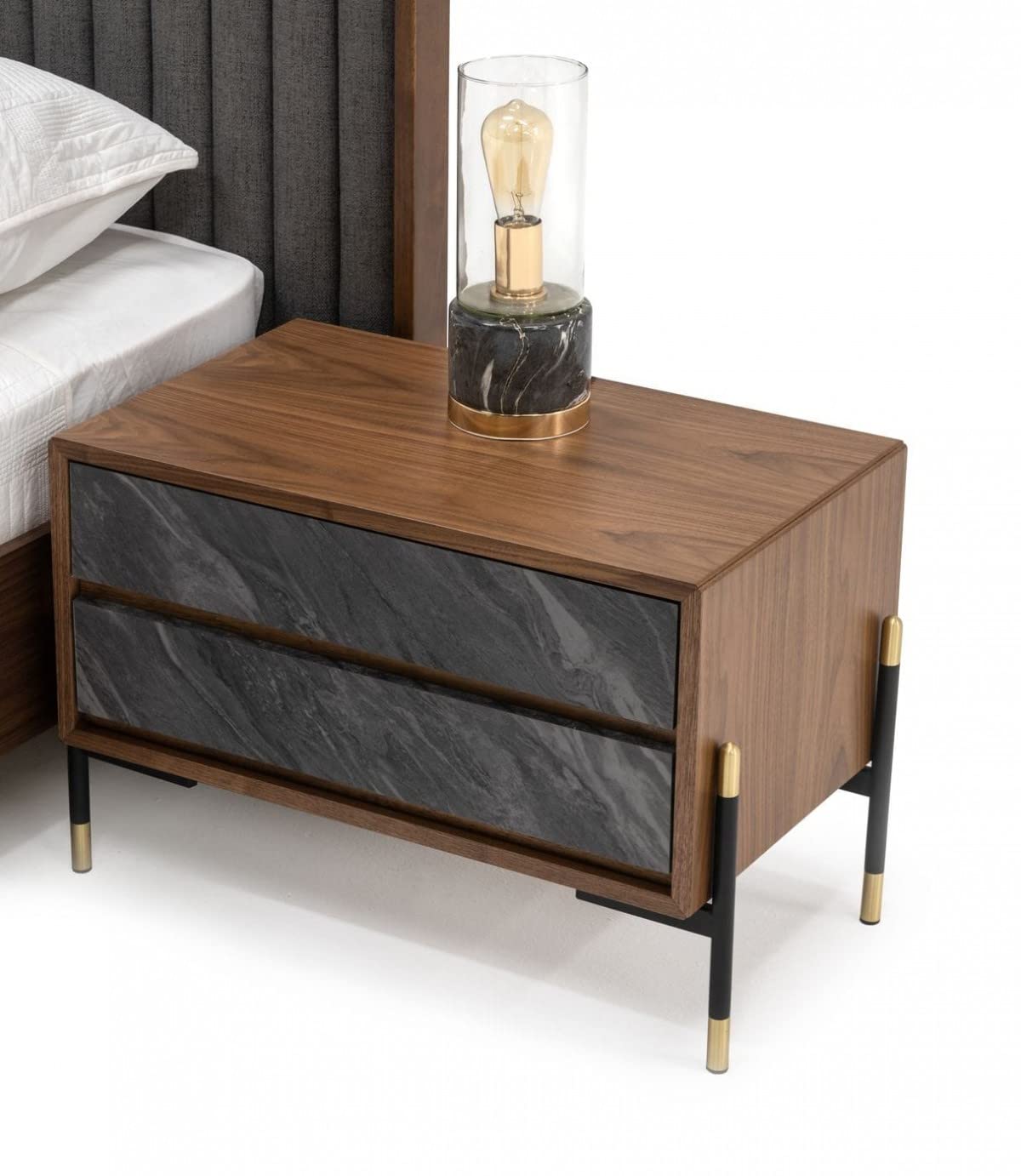 HomeRoots Walnut, Dark Grey, Black Veneer, MDF, Metal Mid Century Walnut and Gray Faux Marble Two Drawer Nightstand