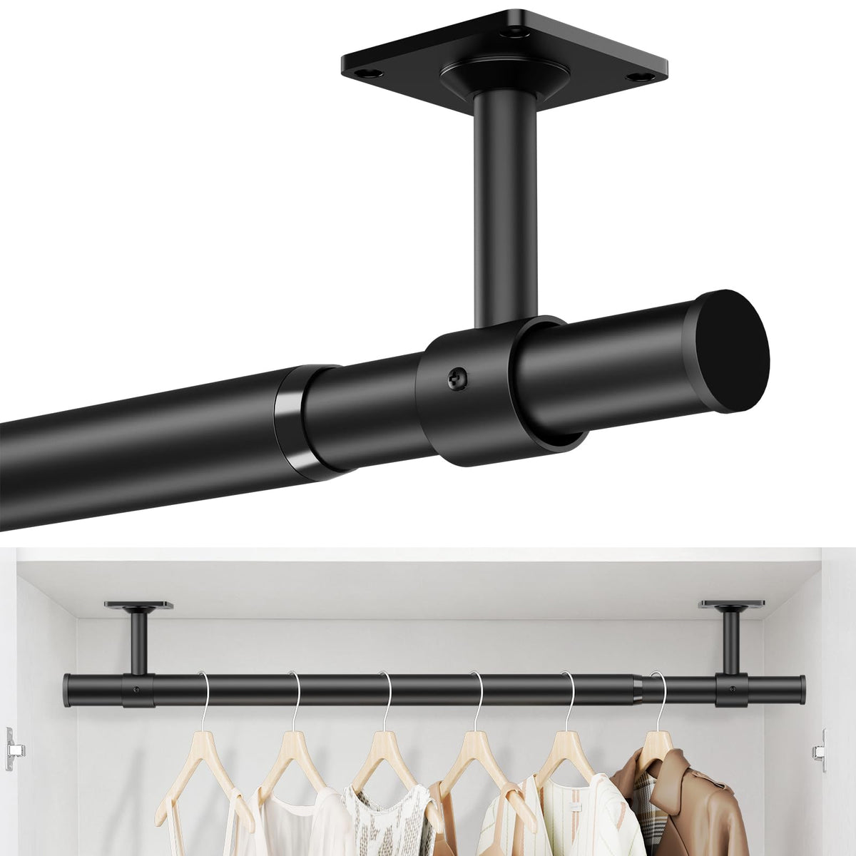 BrFoYu Ceiling Mounted Closet Rods for Hanging Clothes 1784 Inch, Black
