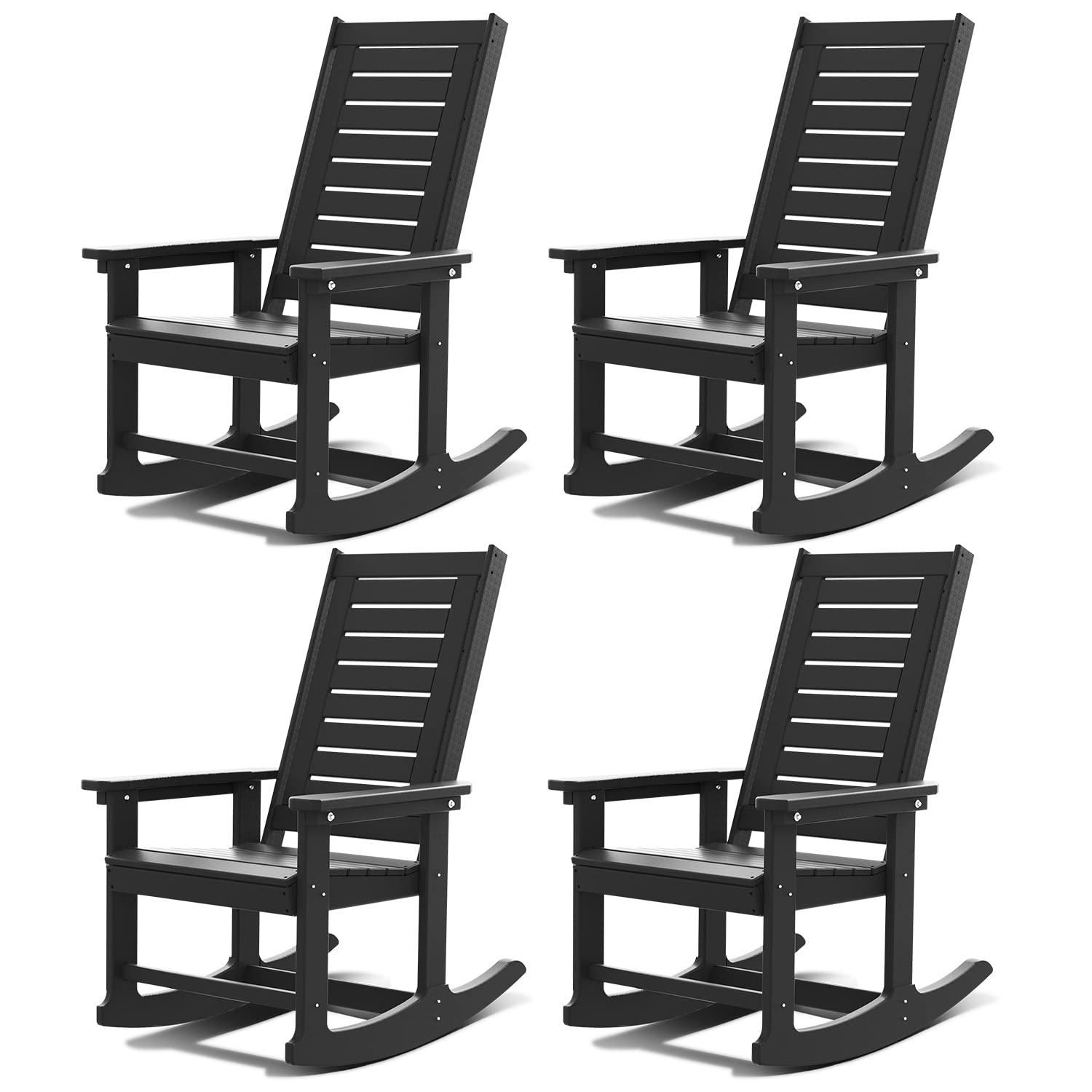 Greenvines Outdoor Rocking Chairs | Set Of 4 | Porch Rocker | Hdpe Plastic | Black | Oversized Rockers | High Back | Big & Tall | Ladder Back | For Patio Outside Backyard Balcony Garden
