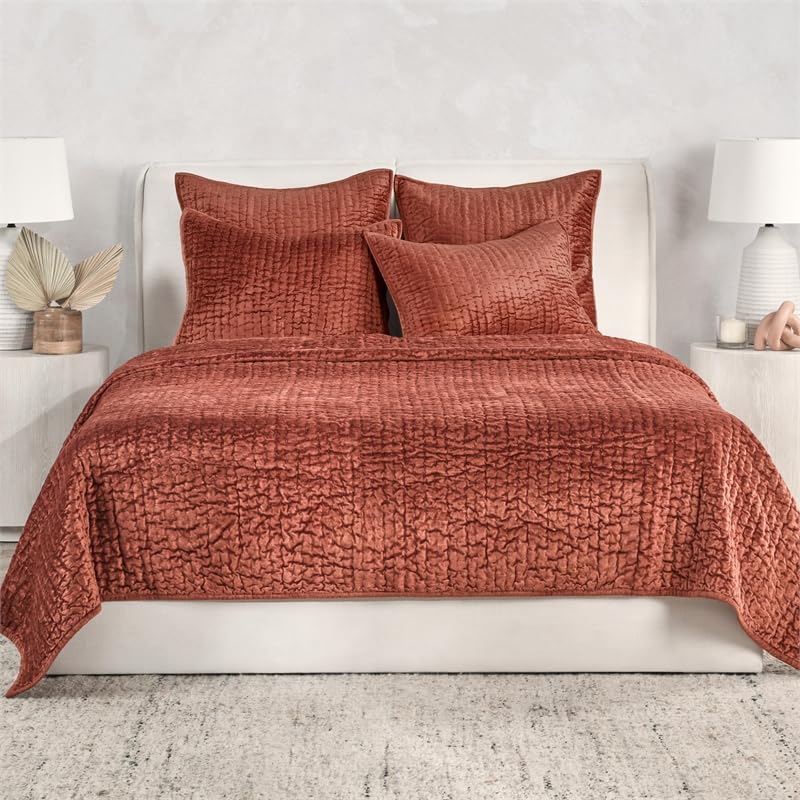 Kosas Home Dimitry 92" Velvet and Cotton Sateen Queen Quilt in Terracotta Orange