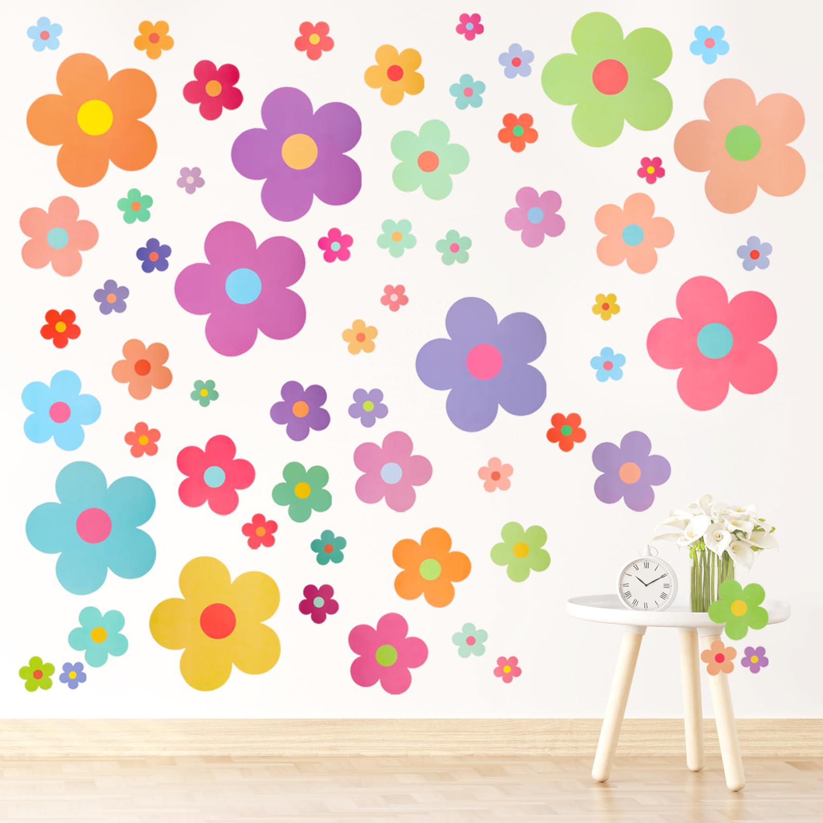 COMNICO 63pcs Cute Flowers Wall Sticker PVC Colorful Y2k Floral Wall Decor Vinyl Peel and Stick Flowers Stickers for Teen Girls 