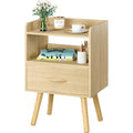 Yoobure Modern Nightstand With Fabric Drawer, Bedside Tables, Mid Century Nightstand With Open Storage Shelf, Wood Bedside Table, Small Night Stands For Bedrooms, 2-Tier Night Table