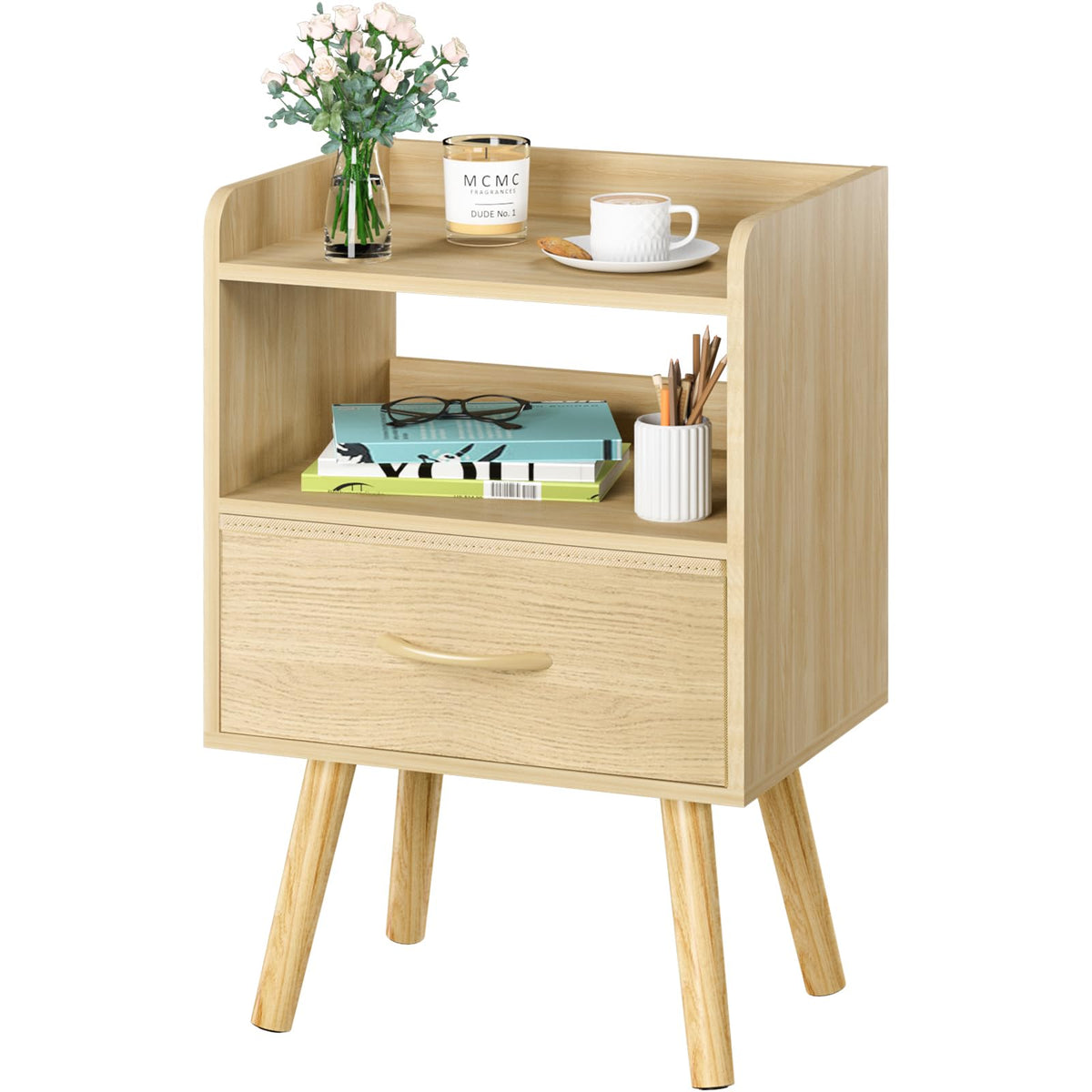Yoobure Modern Nightstand With Fabric Drawer, Bedside Tables, Mid Century Nightstand With Open Storage Shelf, Wood Bedside Table, Small Night Stands For Bedrooms, 2-Tier Night Table