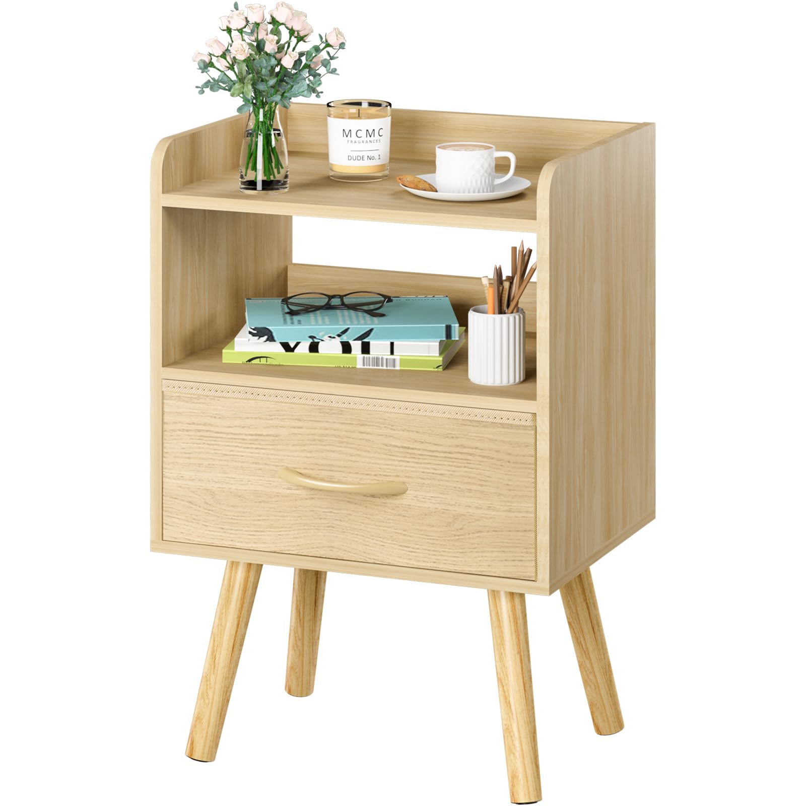 Yoobure Modern Nightstand With Fabric Drawer, Bedside Tables, Mid Century Nightstand With Open Storage Shelf, Wood Bedside Table, Small Night Stands For Bedrooms, 2-Tier Night Table