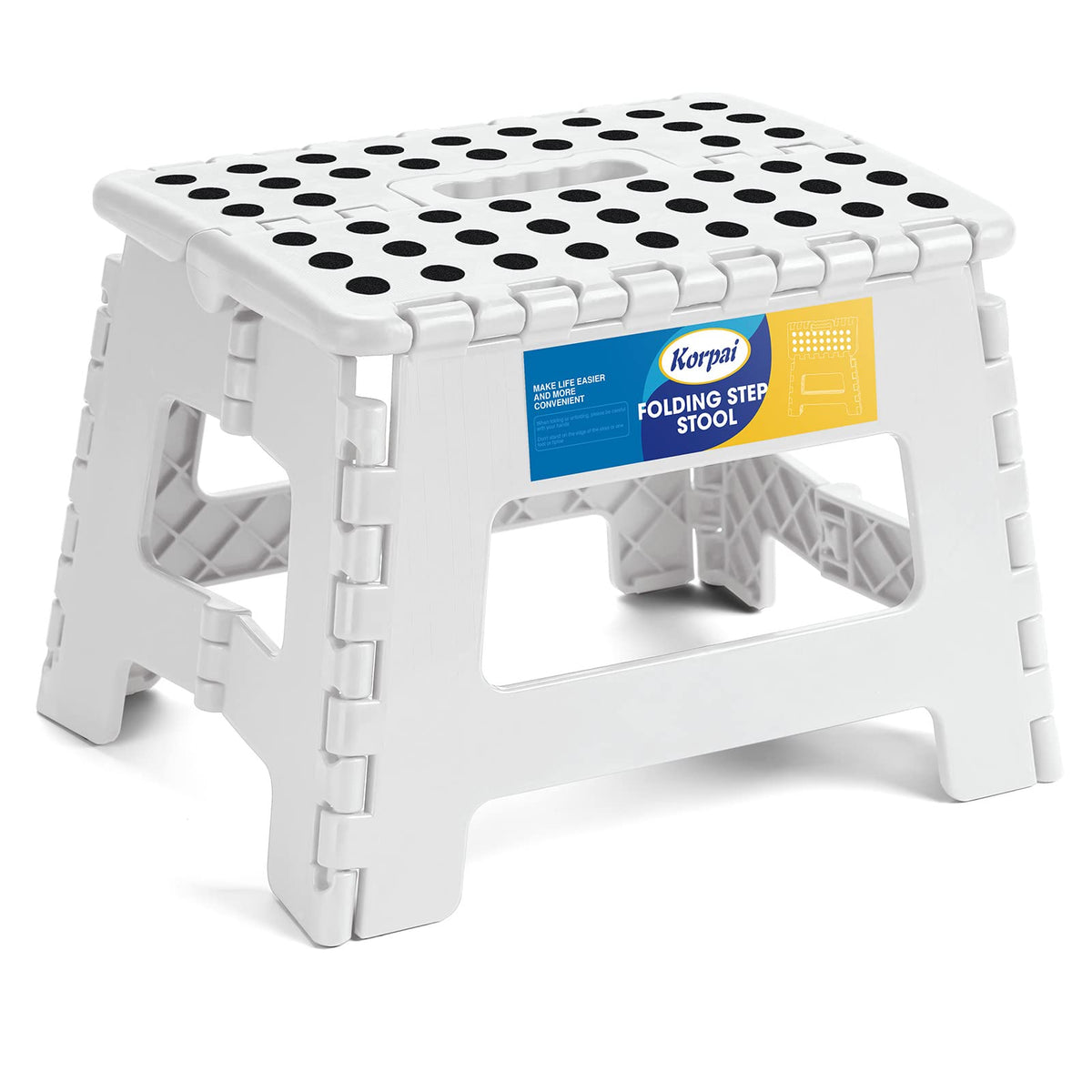 Korpai 9' Folding Step Stool For Adults And Kids Holds Up To 300 Lbs,Non-Slip Folding Stools With Portable Handle, Compact Plastic Foldable Step Stool For Bathroom,Bedroom, Kitchen,White,1Pc
