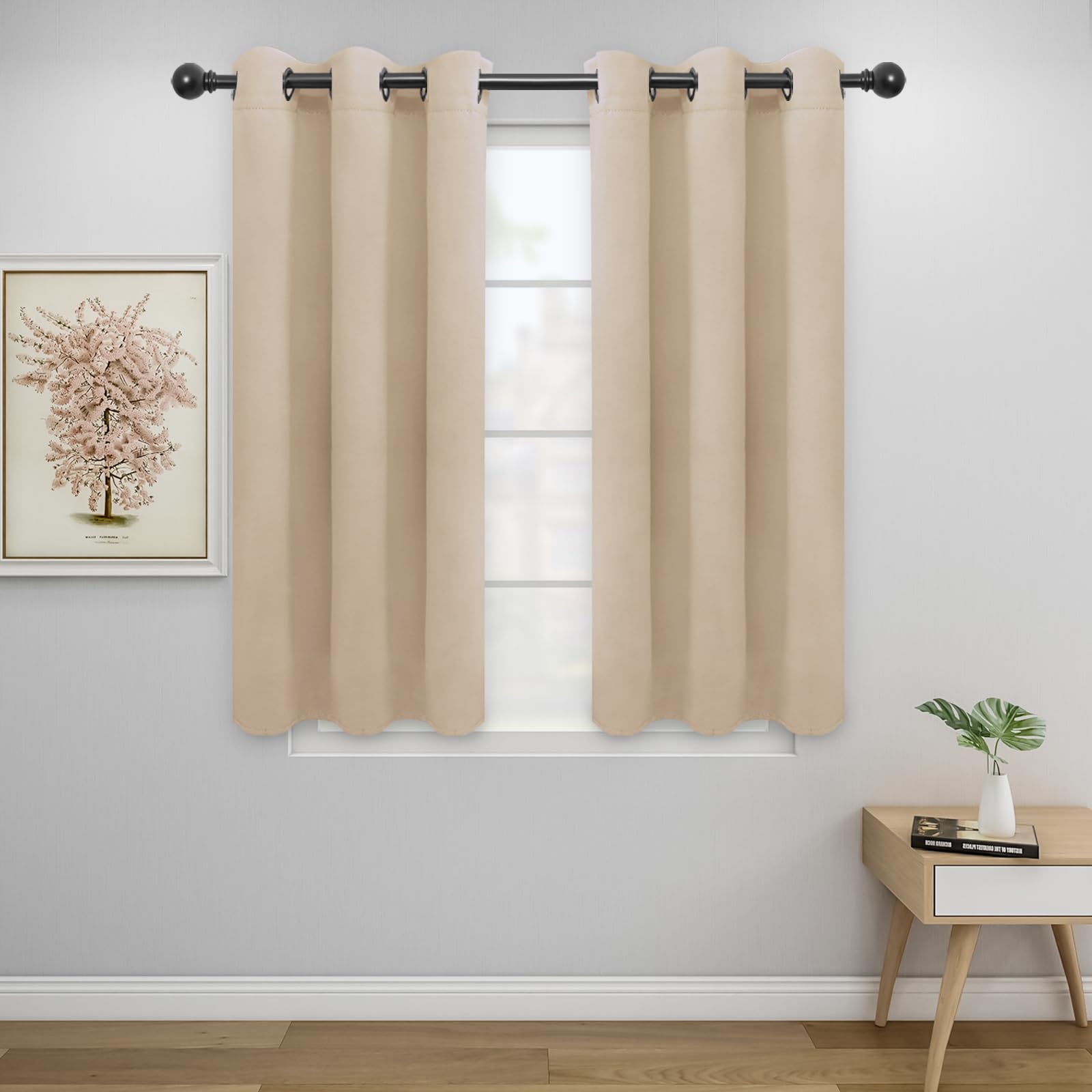 Easy-Going Blackout Curtains For Bedroom, Solid Thermal Insulated Grommet And Noise Reduction Window Drapes, Room Darkening Curtains For Living Room, 2 Panels (34X45 In, Beige)