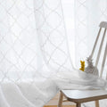 Embroidered Moroccan Tile Lattice Design Sheer Curtains White 45 Inch Length, Rod Pocket Voile Drapes For Living Room, Bedroom,