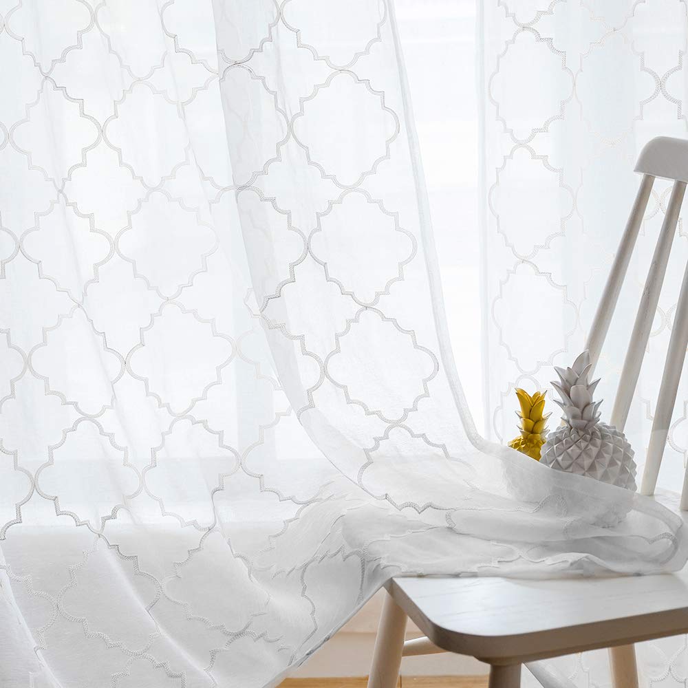 Embroidered Moroccan Tile Lattice Design Sheer Curtains White 45 Inch Length, Rod Pocket Voile Drapes For Living Room, Bedroom,