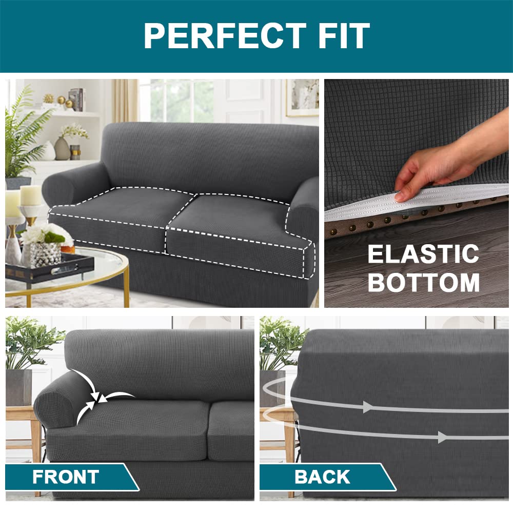 Turquoize 3 Piece T Cushion Loveseat Slipcovers Sofa Cover For 2 Cushion Couch Cover Washable Sofa Slip Cover Furniture Covers With 2 Individual T Cushion Seat Covers (2 Cushion Loveseat, Gray)