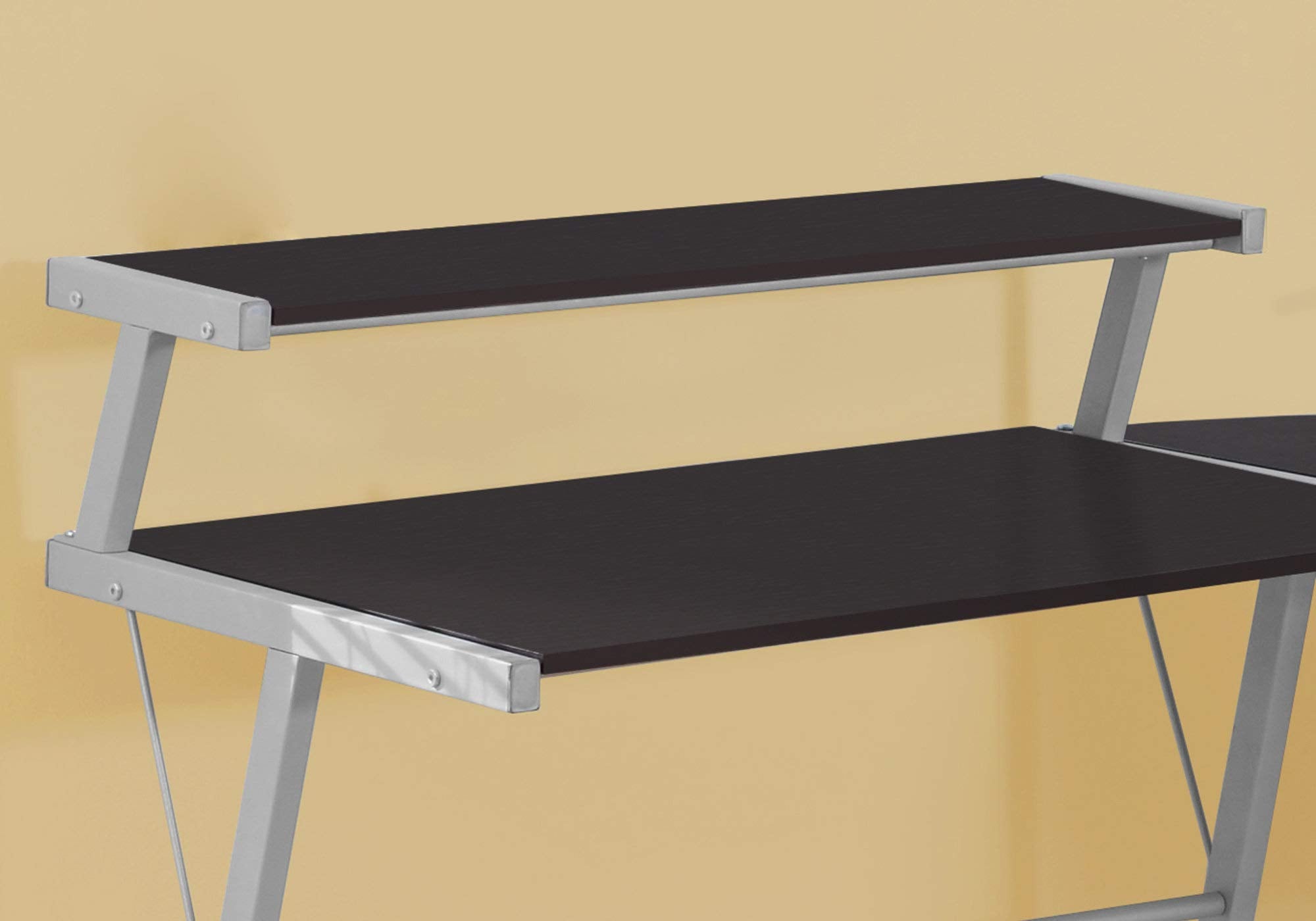 Monarch Specialties L-Shaped Corner Desk with Shelf for Home & Office, 48' L, Cappuccino-Silver Metal Legs,