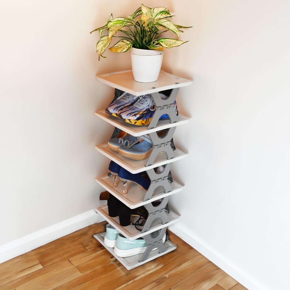 Aebo Enterprise Shoe Rack For Home 6 Layer Foldable Stackable Plastic Shoe Organizer Shelf  Space Saving Adjustable Corner Shoe