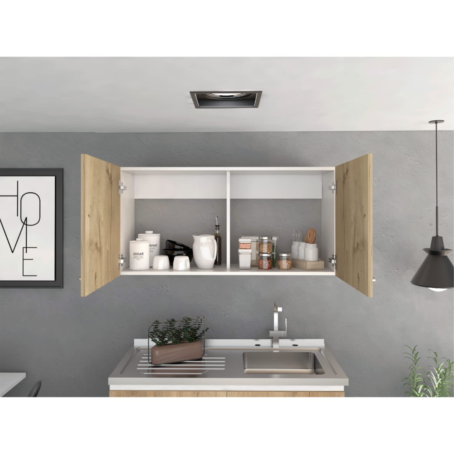 Salento Double Door Wall Cabinet with 2 Inner Shelves, White/Light Oak