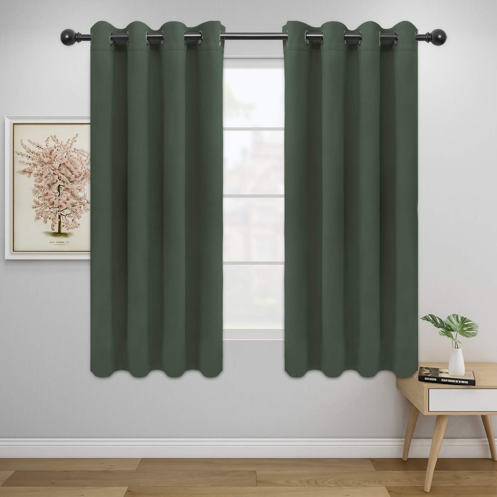 Easy-Going Blackout Curtains For Bedroom, Solid Thermal Insulated Grommet And Noise Reduction Window Drapes, Room Darkening Curtains For Living Room, 2 Panels(52X63 In,Greyish Green)