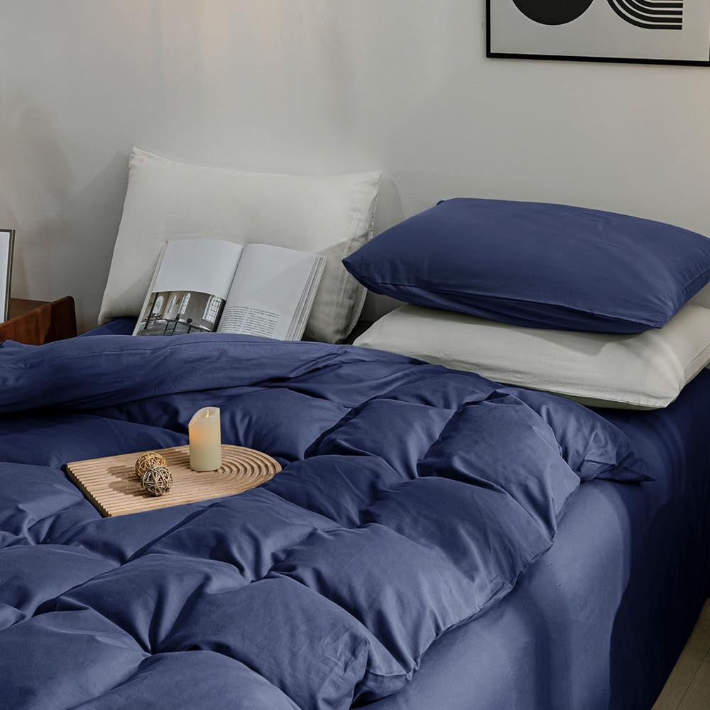 Jellymoni Cotton Duvet Cover Full Size - 100% Washed Cotton Linen Like Textured Comforter Cover, 3 Pieces Breathable Soft Beddin