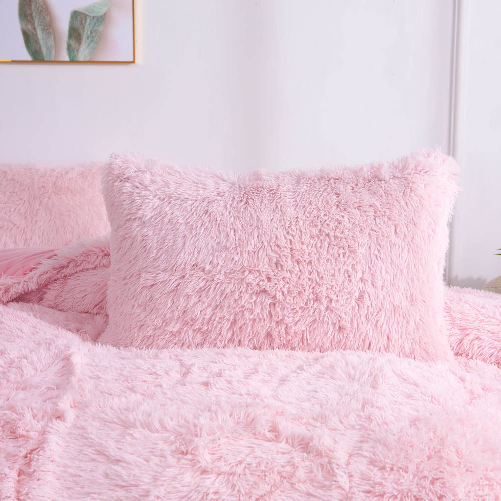 Chovy Faux Fur Plush Light Pink Comforter Sets Twin/Full Size - Ultra Soft Shaggy Flannel Velvet Fluffy Fuzzy 3Pc Bedding Set (C