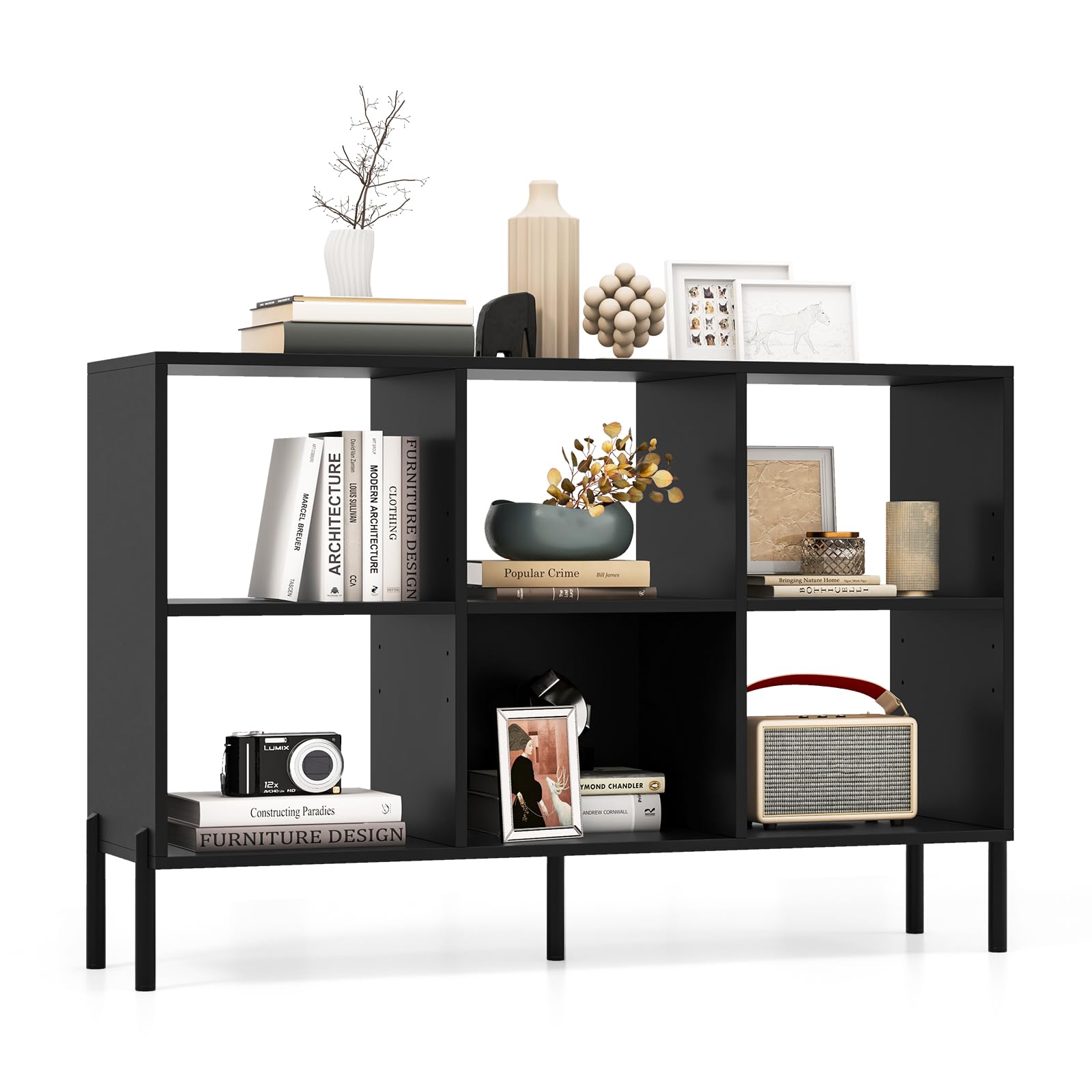 Giantex 6 Cube Bookcase, 3-Tier 47' Long Wood Bookshelf W/ 5 Metal Legs, Adjustable Shelf, Anti-Toppling Device, 31.5' Tall Floor Open Shelf Bookcase, Freestanding Wooden Cube Storage Shelves