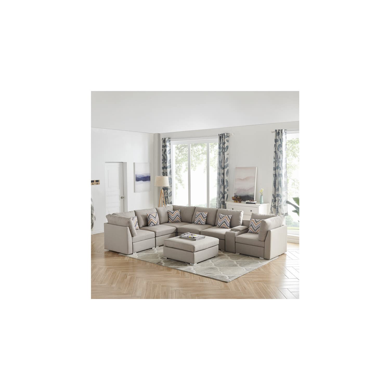 Lilola Home Lucy Beige Fabric Reversible Modular Sectional Sofa with USB Console and Ottoman
