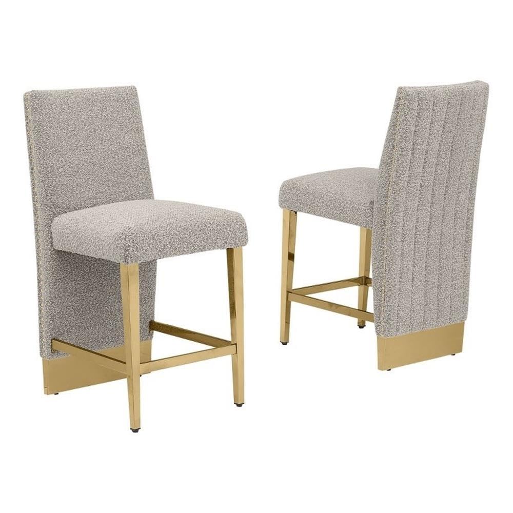 Best Quality Furniture Modern Upholstered Counter Height Stool Set Of 2 – Boucle Fabric In Gray – Matte Brushed Chrome Legs In Gold – Perfect For Dining Room Or Living Room