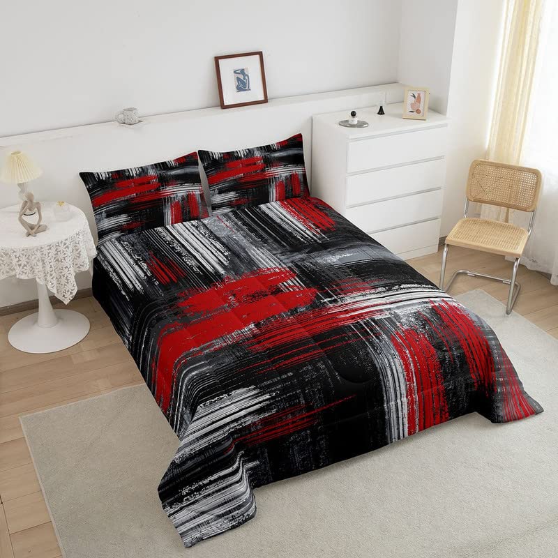 Feelyou Red Black And Grey Comforter Geometric Artistic Smear Comforter Set Abstract Graffiti Art Bedding Set Contemporary Moder