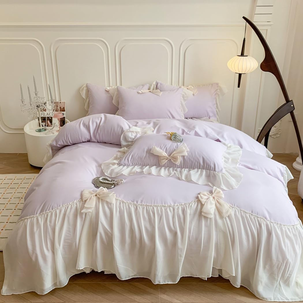 Soukechy Girls Lace Bedding,Purple Queen Comforter Cover Set, Chic Ruffled Duvet Cover With Lovely Bow,Princess Style 1 Duvet Co