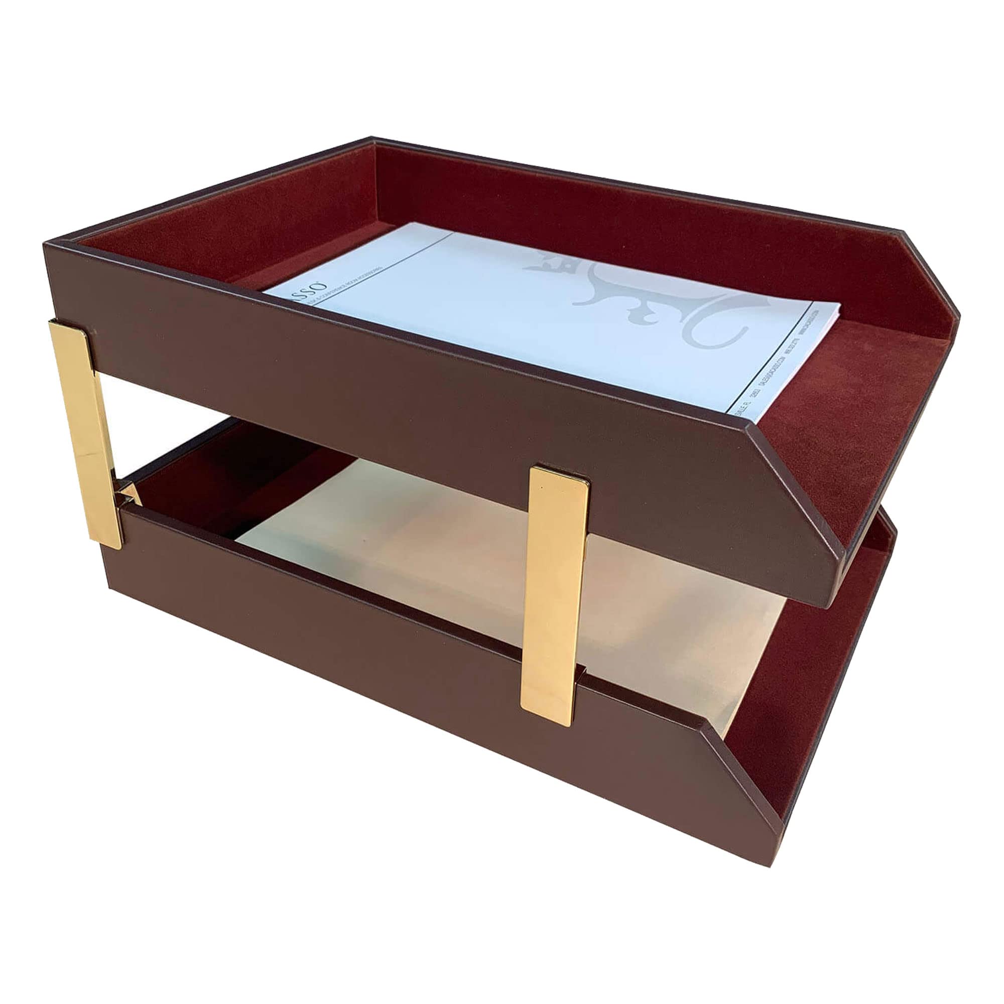 Dacasso Leather Double Legal-Size Trays, Chocolate Brown (A3421)