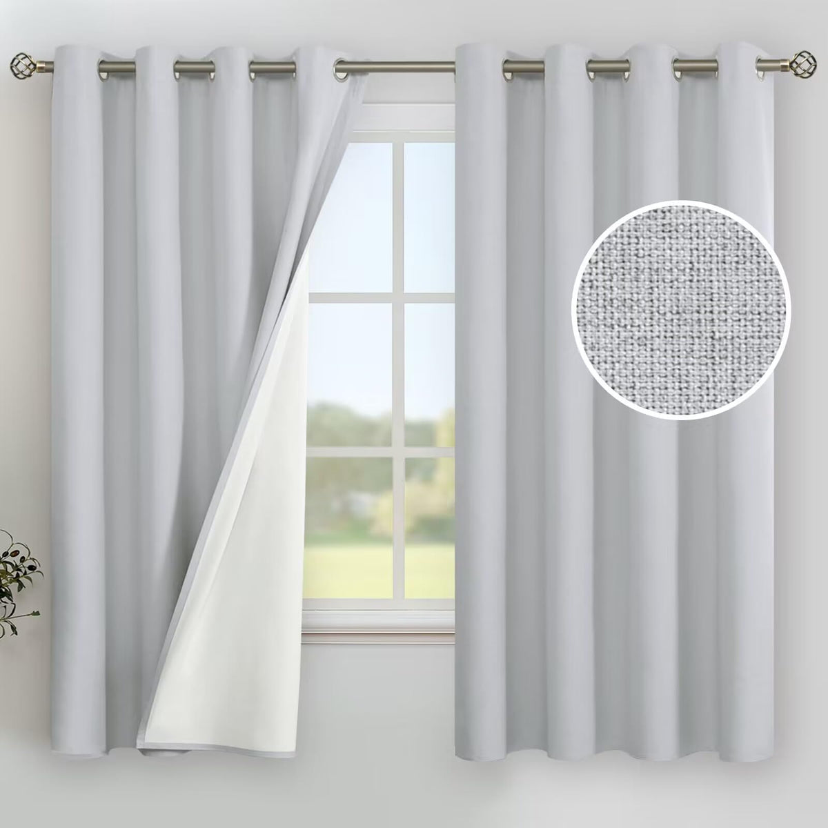 Youngstex Light Grey Linen Blackout Curtains 63 Inch Long For Bedroom, Grommet Full Room Darkeing Faux Linen Window Drapes Therm