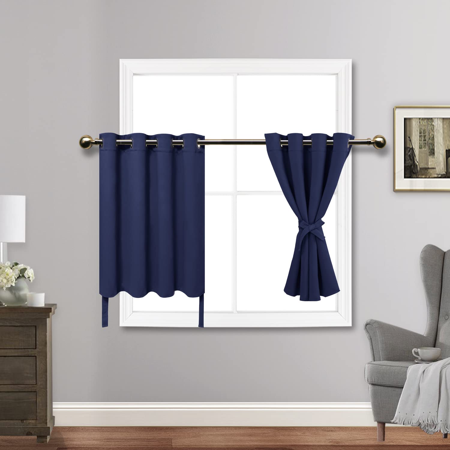 Jiuzhen Short Curtains Kitchen Half Window Blackout Curtains With Tiebacks For Baseroom Shadows, Grommet Curtains For Living Room, Set Of 2 Window Curtain Panels, 52 X 36 Inch Length,Navy Blue