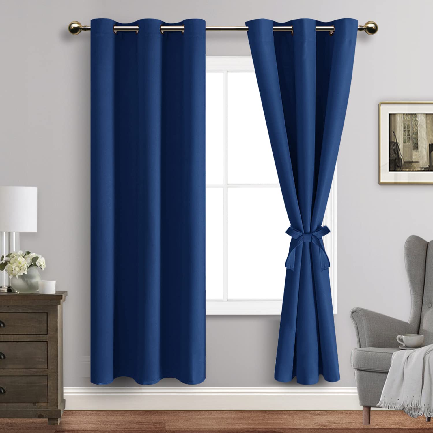 Jiuzhen Classic Blue Blackout Curtains With Tiebacks Thermal Insulated, Light Blocking And Noise Reducing Grommet Curtains For And Living Room, Set Of 2 Window Curtain Panels, 42 X 72 Inch Length