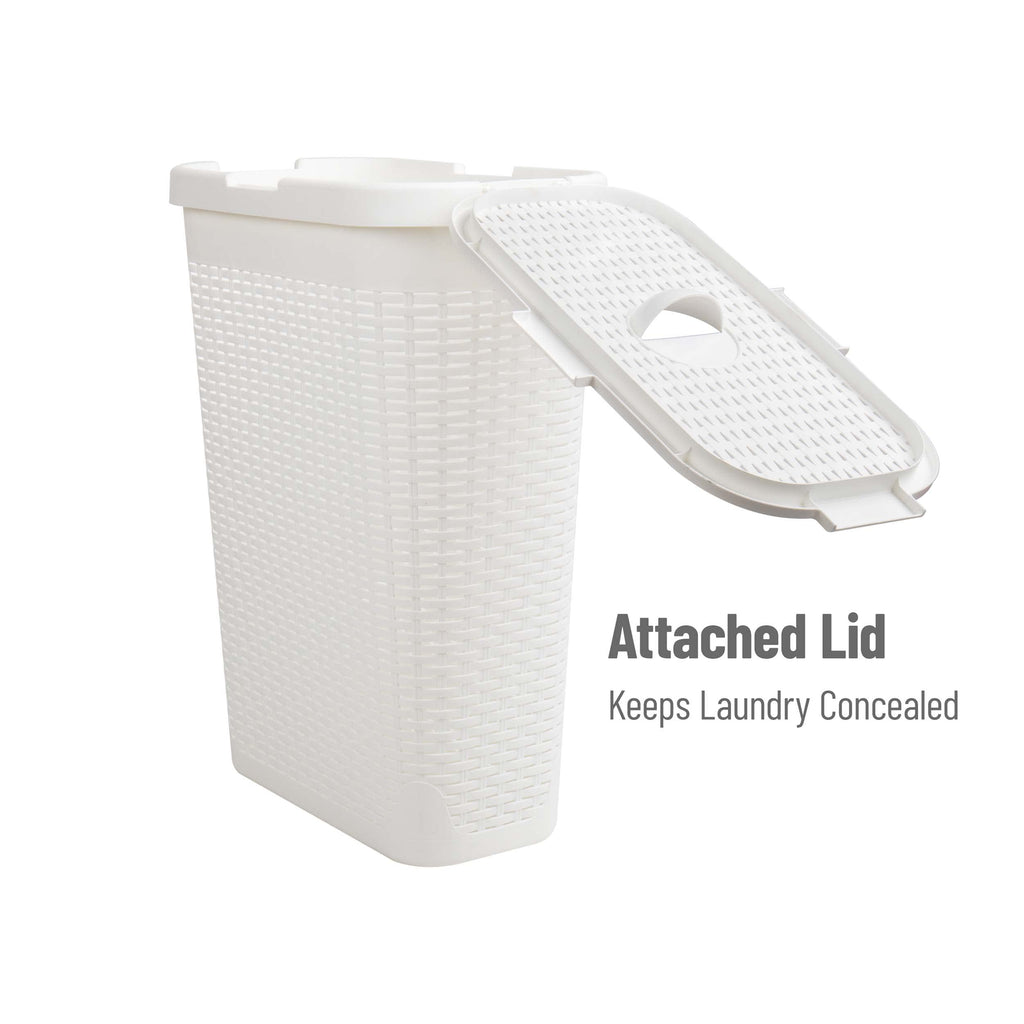 Mind Reader 40L Slim Laundry Hamper, Clothes Basket, Lid, Wicker Design, Plastic, 18''L X 10.4''W X 23.5''H, Set Of 2, White