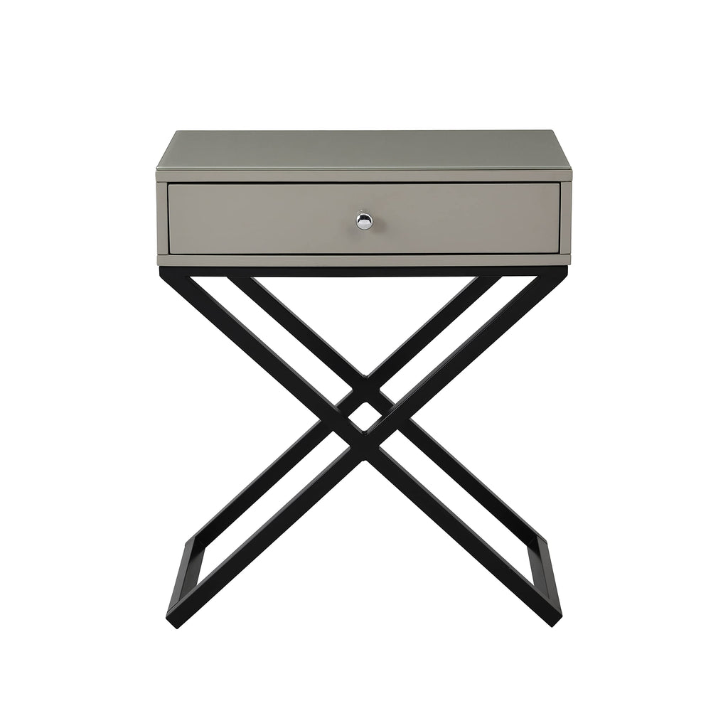 Lilola Home Koda Taupe Wooden End Side Table Nightstand with Glass Top, Drawer and Metal Cross Base