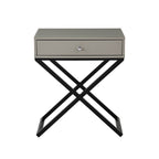 Lilola Home Koda Taupe Wooden End Side Table Nightstand with Glass Top, Drawer and Metal Cross Base