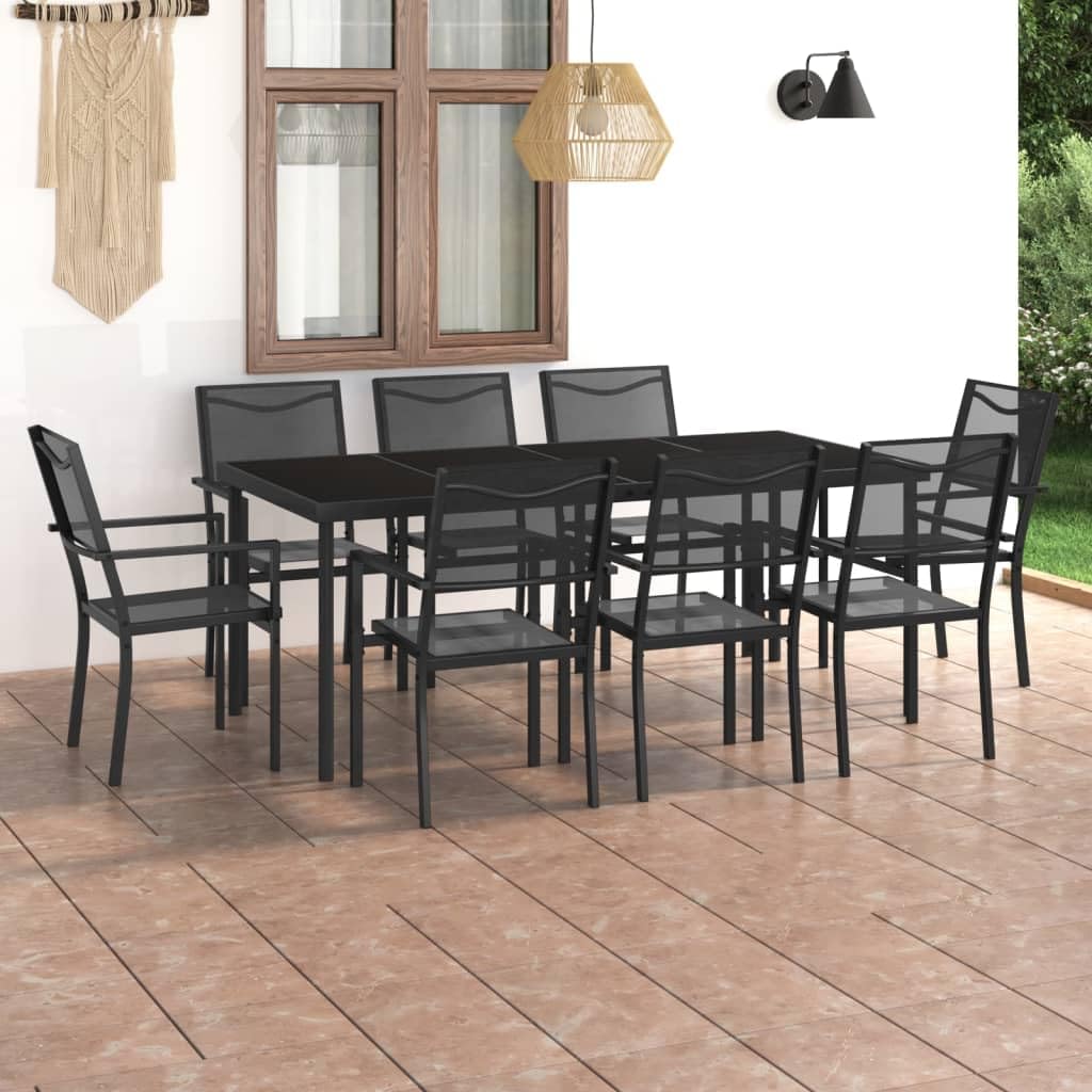 vidaXL Steel Patio Dining Set - 7 Piece Outdoor Furniture Set with Table and Chairs, Anthracite and Black Color, Industrial Style, Textilene Fabric Upholstered Seats