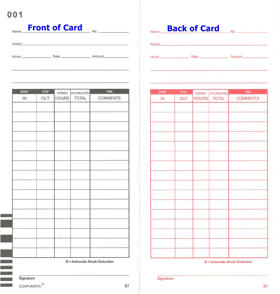200 Time Cards For Lathem 7000E And 7500E Time Clocks, E7 7.3125 Inches Long