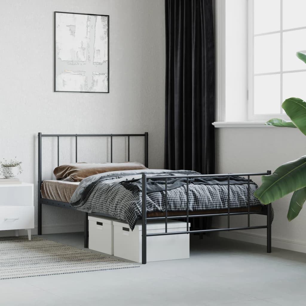 vidaXL Sturdy and Robust Metal Bed Frame with Headboard and Footboard, Powder-Coated Steel Construction, Classic Design, Extra Under-Bed Storage Space, Suitable for 39.4"x74.8" Mattress - Black