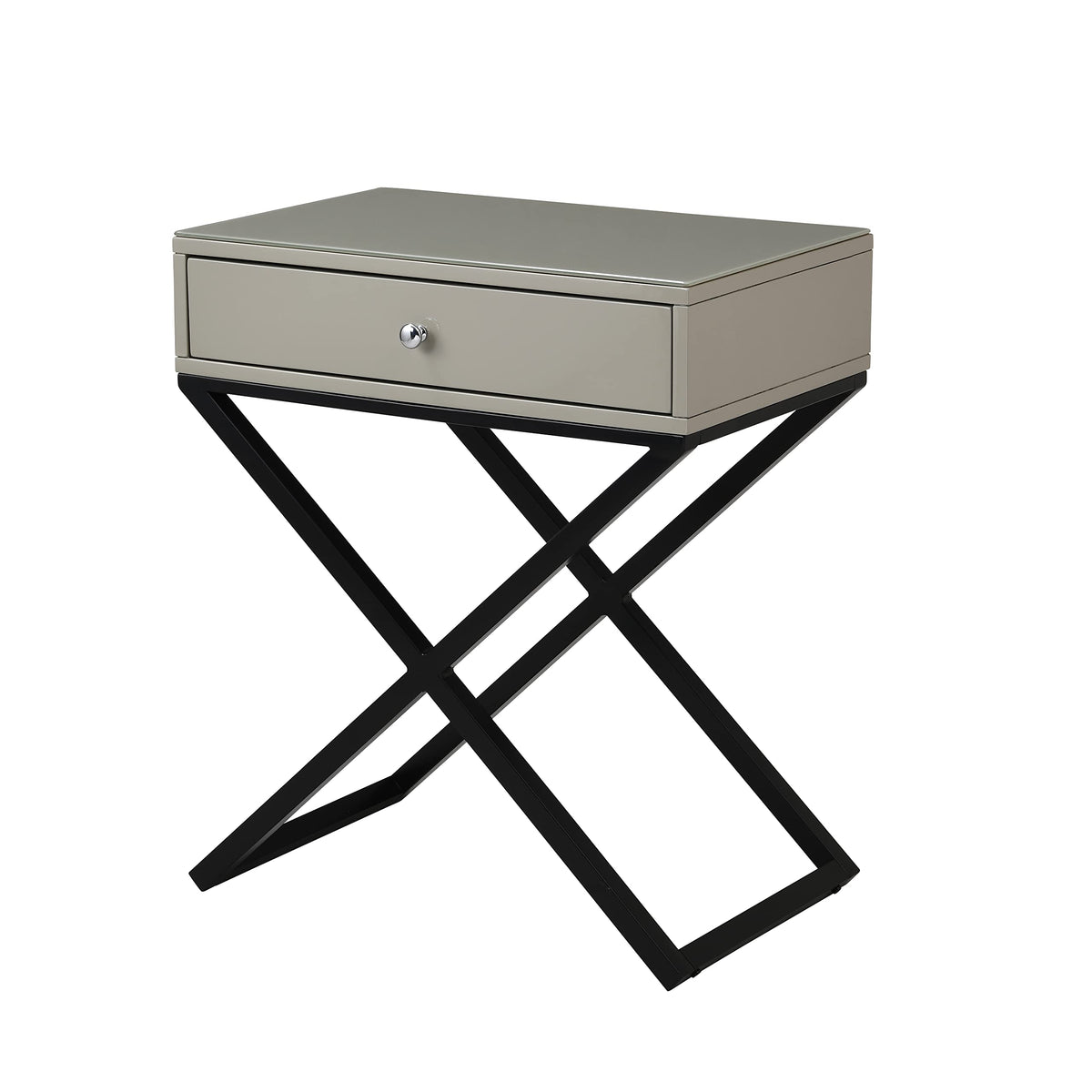 Lilola Home Koda Taupe Wooden End Side Table Nightstand with Glass Top, Drawer and Metal Cross Base