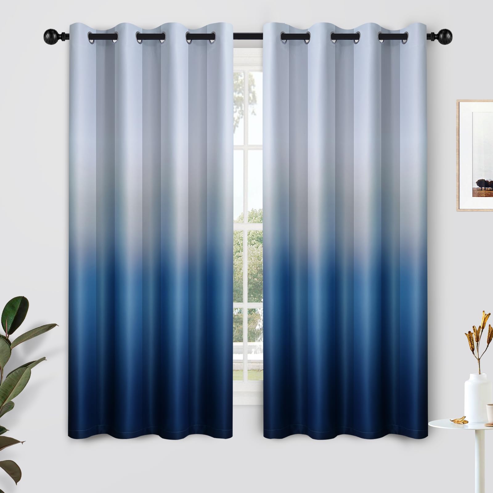 Simplehome Ombre Curtains 52 X 63 Inch For Bedroom 2 Panels, Gradient Grey White To Blue Light Blocking Thermal Insulated Gromme