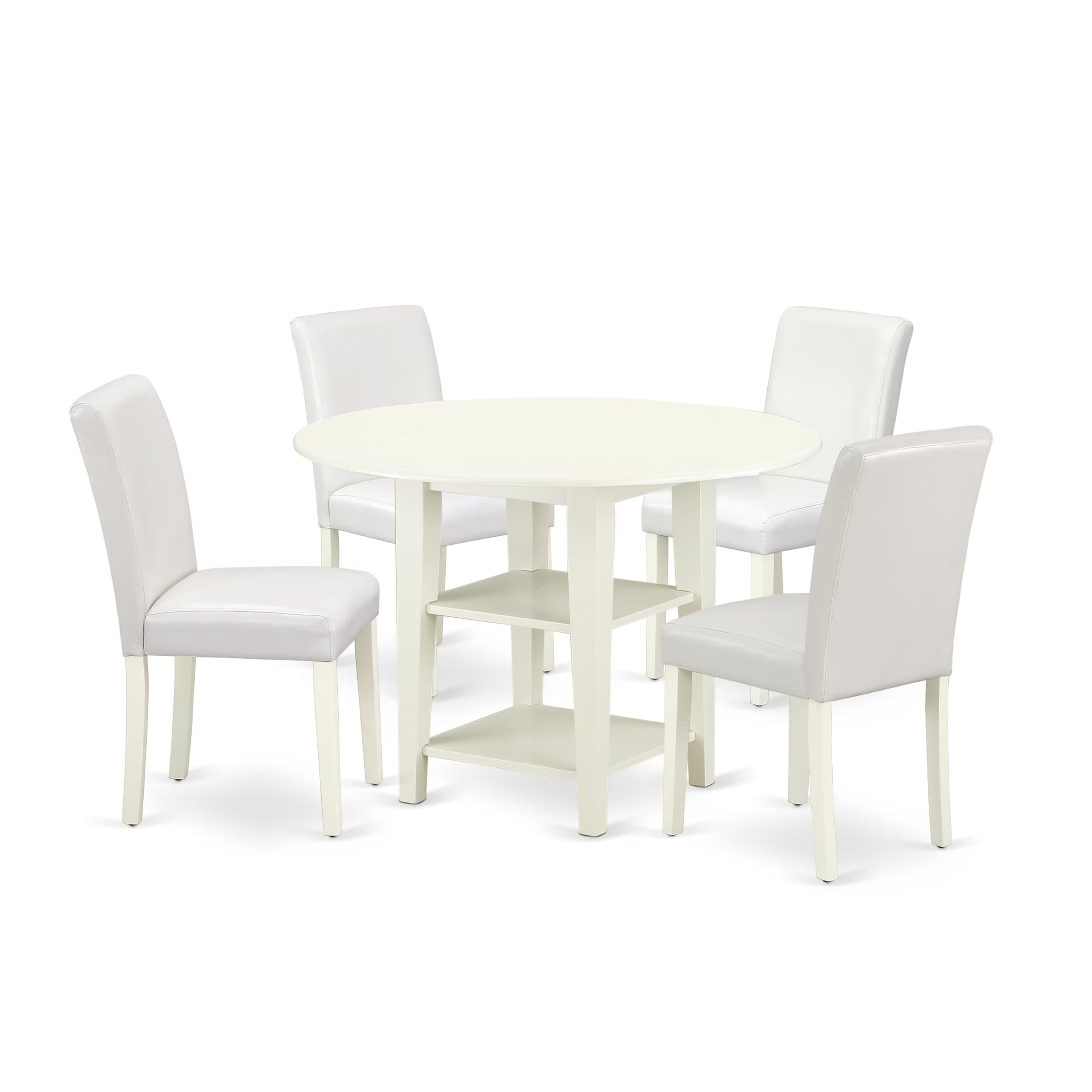 East West Furniture Suab5-Lwh-64 5 Piece Dining Table Set Includes A Round Dining Room Table With Dropleaf & Shelves And 4 White Faux Leather Parsons Chairs, 42X42 Inch, Linen White