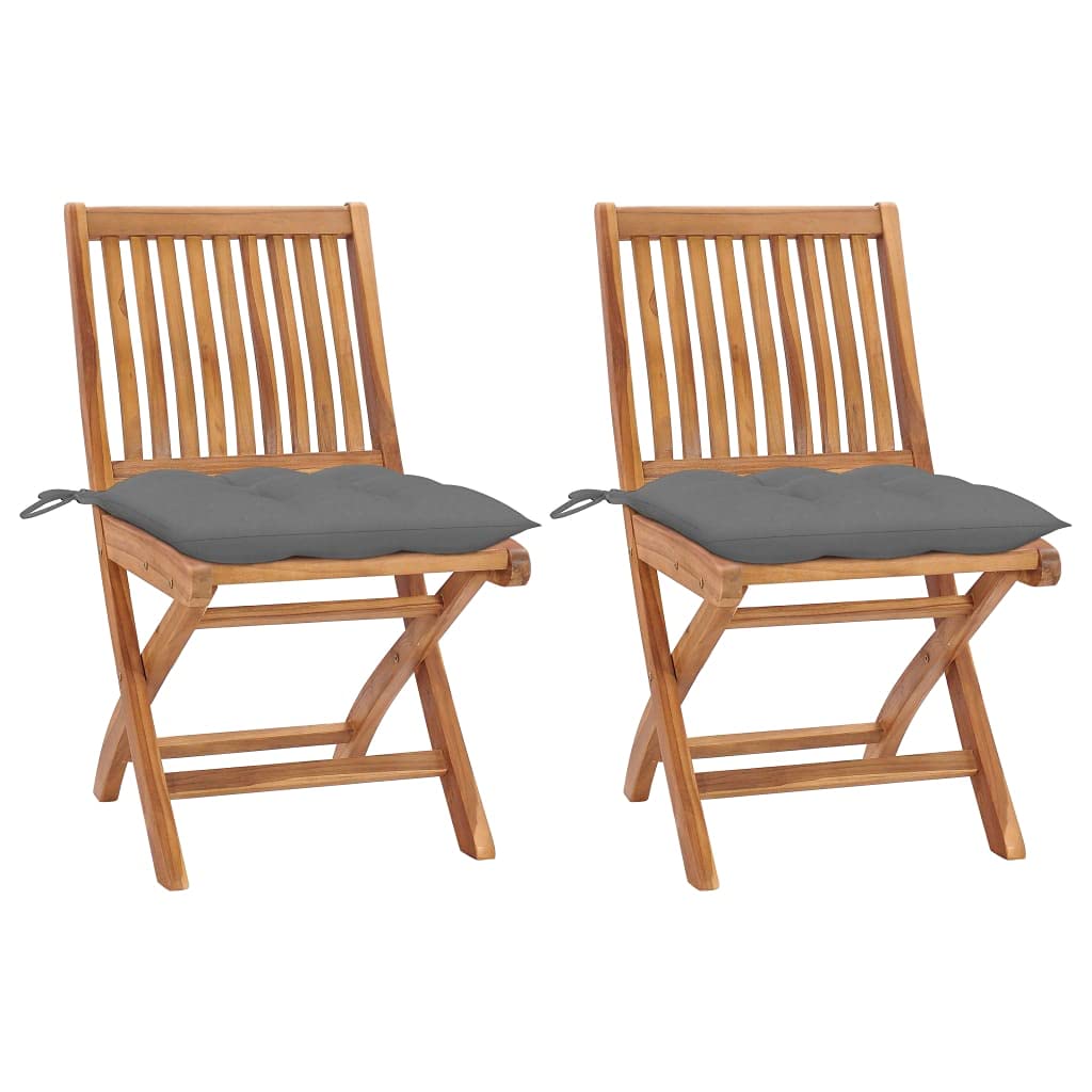 vidaXL 2X Solid Teak Wood Patio Chairs with Gray Cushions Garden Outdoor Balcony Backyard Terrace Lounge Seating Home Furniture Wooden