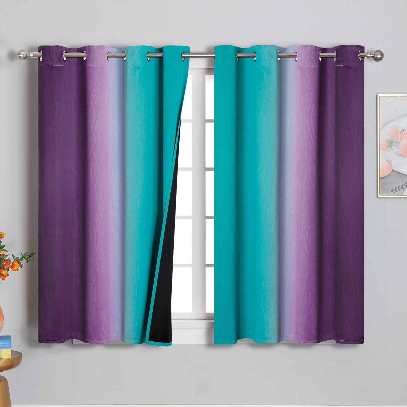 Estelar Textiler Ombre Teal And Purple Blackout Curtains 54 Inch Length 2 Panels, Grommet Thermal Insulated Gradient Drapes For