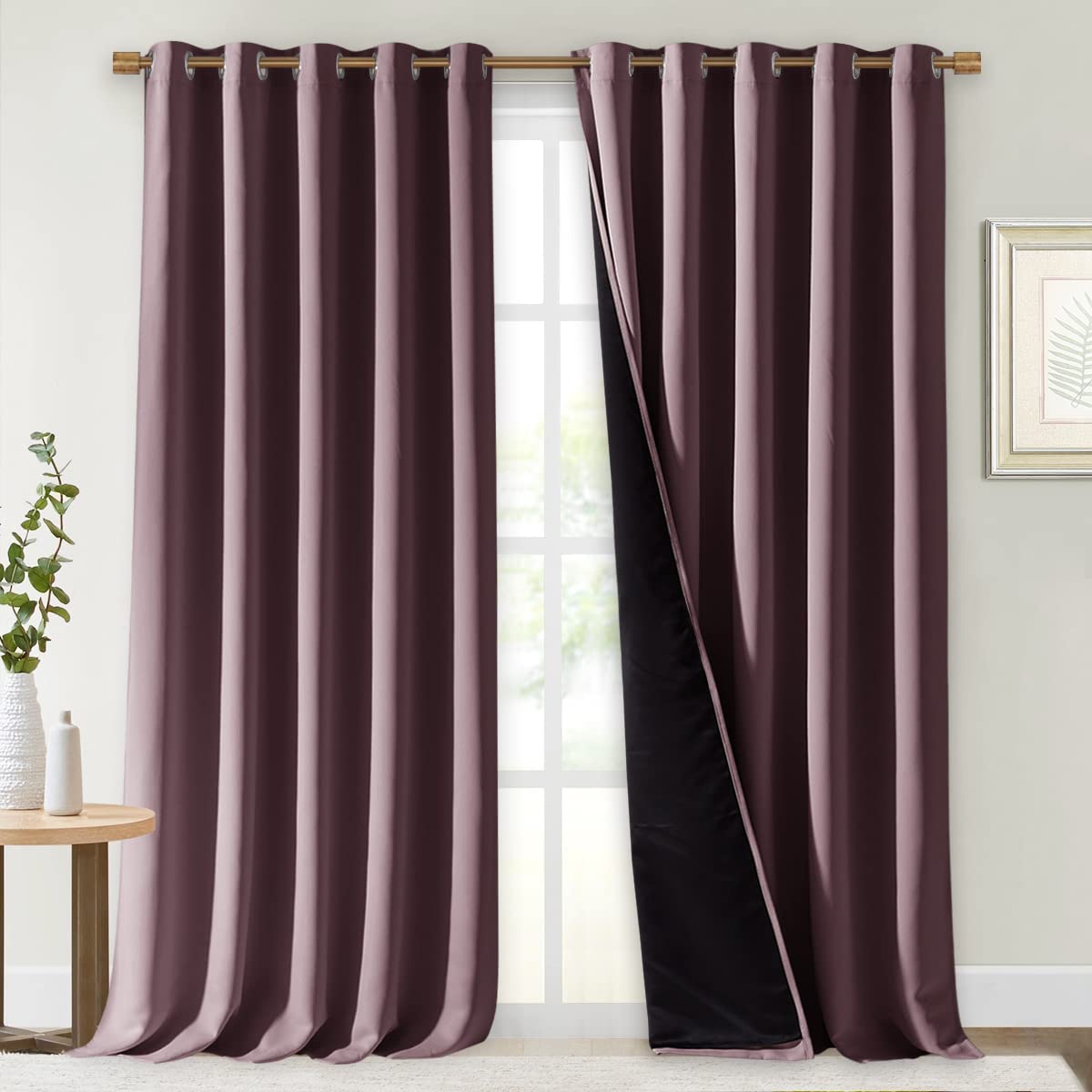 Nicetown Dry Rose 100% Blackout Curtains For Windows, Super Heavy-Duty Black Lined Total Darkness Drapes For Bedroom, Privacy As