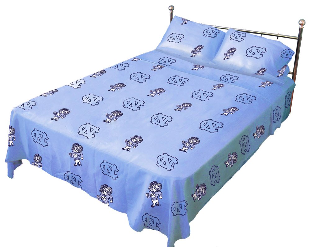College Covers Everything Comfy North Carolina Tar Heels King Sized 4 Piece Sheet Set, Team Color Background, 1 Flat Sheet, 1 Fi