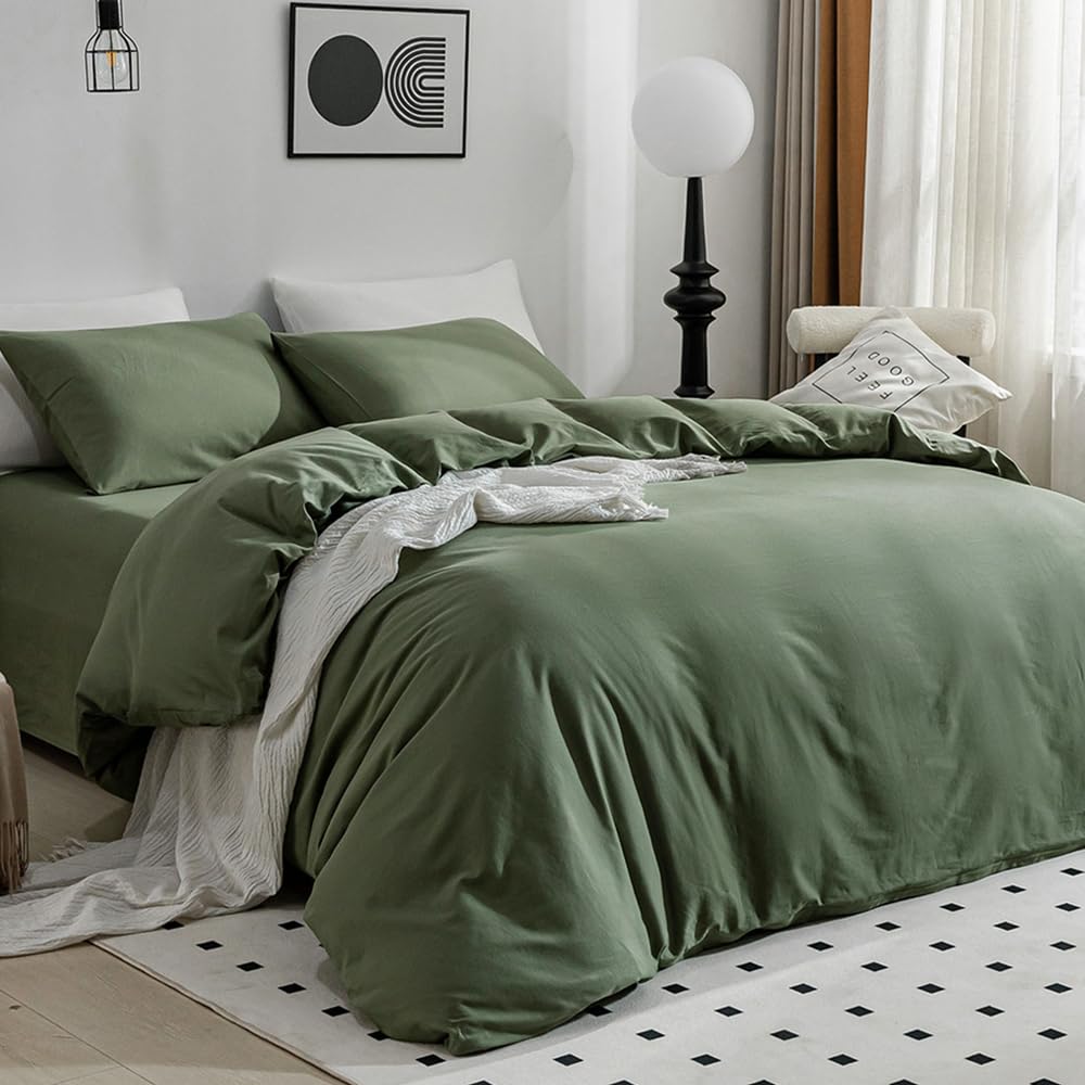 Jellymoni Green Duvet Cover Twin Size - 100% Washed Cotton Linen Feel Textured Comforter Cover, 2 Pieces Breathable Soft Bedding