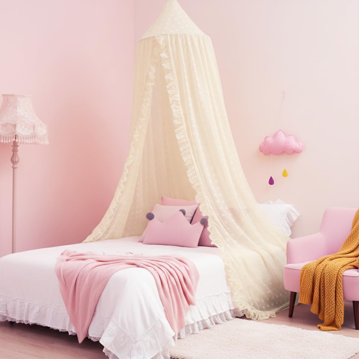 Mengesi Bed Canopy with Pom Pom- Lace Chiffon Canopy Bed Curtains, Ruffles Princess Reading Nook Play Tent for Girls Room (Ivory