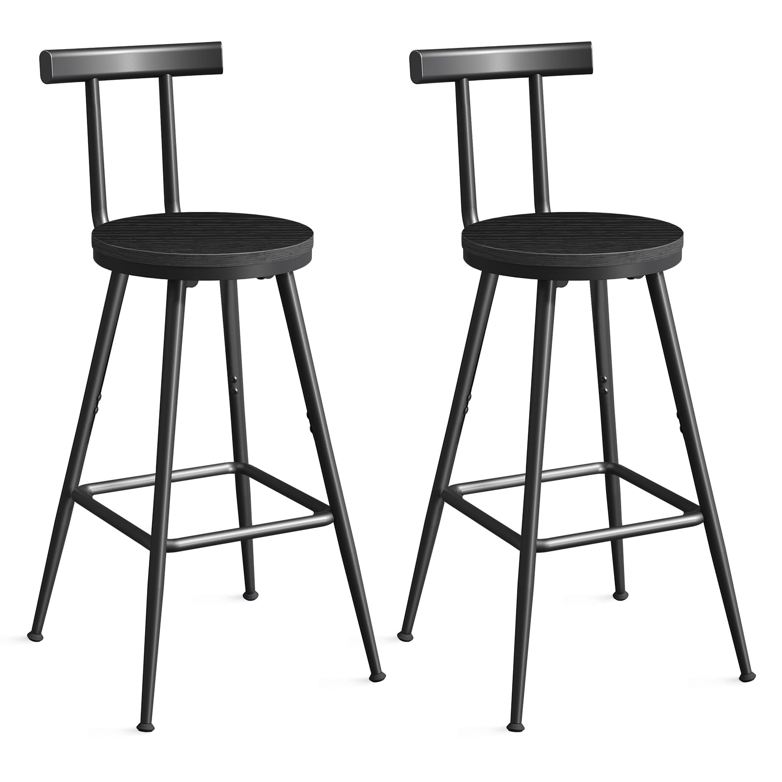 MAHANCRIS Bar Stools, Set of 2 Bar Chairs with Backrest and Footrest, 26 Tall Counter Stools, Metal Frame, Adjustable Feet, Easy